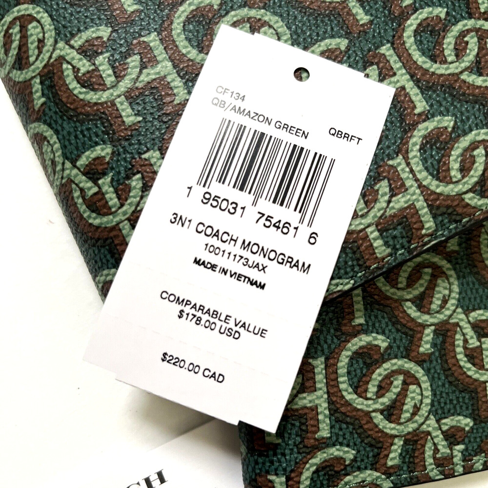 Coach 3-in-1 Signature Canvas Wallet Green Monogram Removable Insert NWT $180 - Picture 4 of 9
